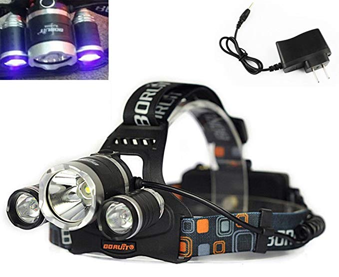 WindFire 3X CREE LED (1x Cree T6 White LED and 2 x UV LEDs) 4 Modes 395-410nm UV-Ultraviolet Led Blacklight Headlamp for Money Detect, Leak detector and Cat-Dog-Pet Urine Detect (Battery not included)