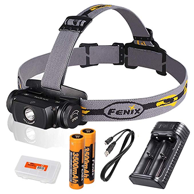 Fenix HL55 900 Lumens Headlamp with a USB Charger, Two High Capacity 3500mAH Batteries and LumenTac Battery Organizer