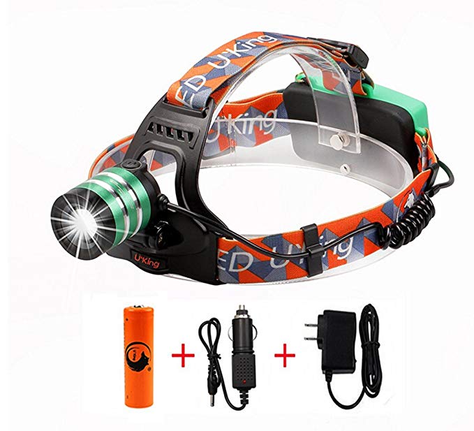 Waterproof Headlight, High Powered Lumen Bright Zoomable Headlamp CREE XMK-T6 LED with Rechargeable Batteries and Car Wall Charger for Outdoors Sports Hiking Camping Riding Fishing Hunting (Green)