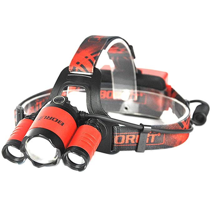 Boruit Zoomable LED Headlamp Rechargeable High brightness 3 LED Light Source 4 Lighting Modes for Camping Hiking and Nature Sports (Red)