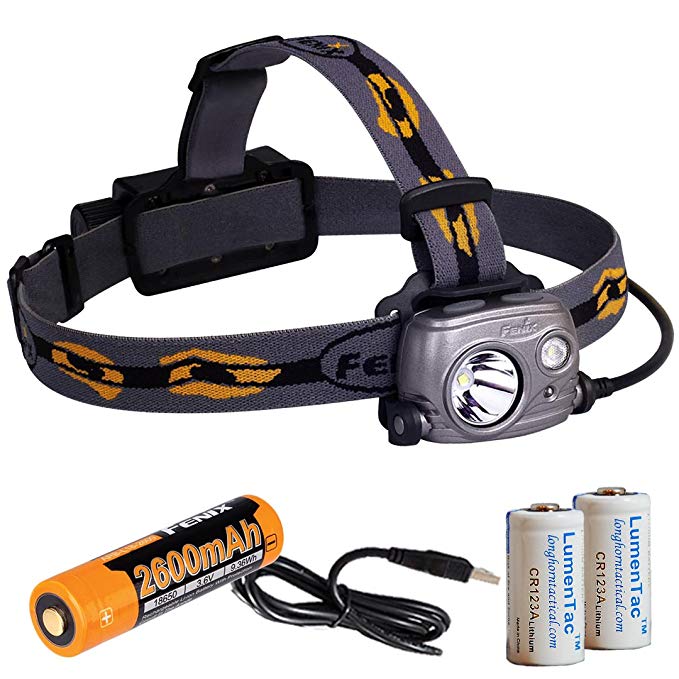 Fenix HP25R 1000 Lumen USB Rechargeble Spotlight Floodlight LED Headlamp, USB Cable and 2x LumenTac Backup CR123As