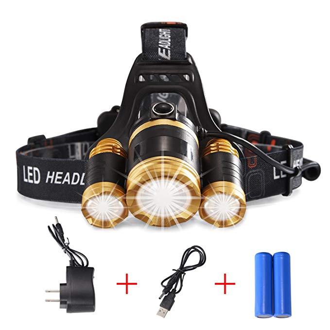 5000 lumens waterproof rechargeable headlamp,4 Light Modes,Moving Zoomable Light.3 XML-T6 LED Headlight Torch with Rechargeable. 18650 Rechargable Battery Adjustable Headband (DC charging)