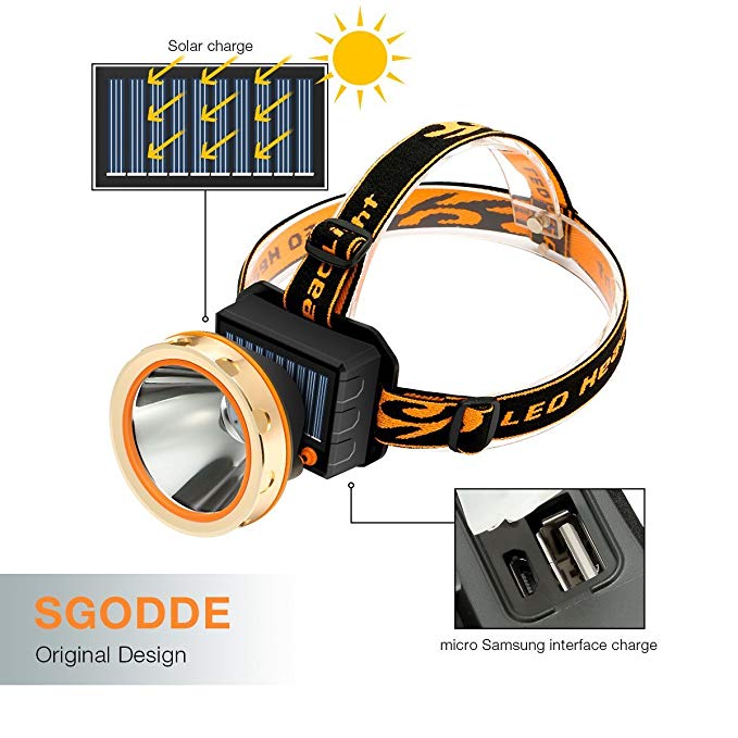 Solar Rechargeable LED Headlamp with Power Bank,SGODDE Super Bright 3 Modes Waterproof Head torch Headlight,Adjustable Elastic Headband for Outdoor Hiking Camping Fishing Cycling Running Walking