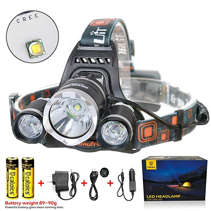 Boruit LED Headlamp with 1 XML T6 +2 x R5 4000 Lumens Waterproof Headlight with Rechargeable 18650 Batteries Bright Adjustable Hands-Free Flashlight for Camping Running Hunting Reading Headband Light