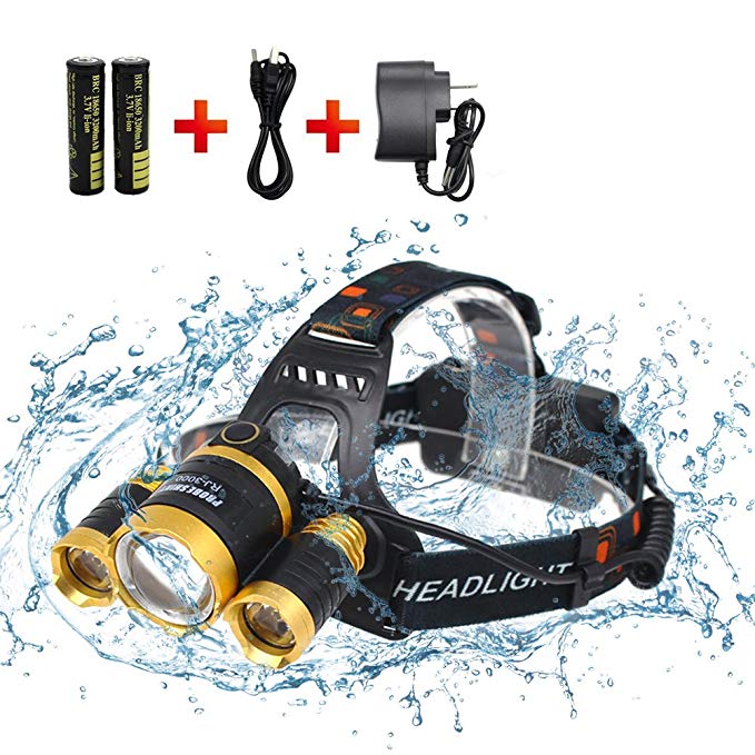 Waterproof Headlamp,Brightest 4 Modes LED Headlight, Surefire Flashlight with 120°Rotating Zoomable Light- 18650 Rechargable Battery Adjustable Headband,Best for Camping Running Hiking, Festival Gifts