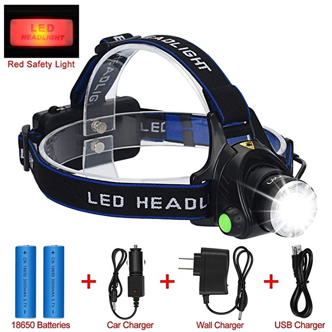 LED Headlamp Flashlight Kit, ANNAN 2000-Lumen Super Bright Headlight with Zoomable Head, Red Safety Light,4 Modes, Waterproof Light for Camping, Biking, 2 Rechargeable 18650 Batteries Included