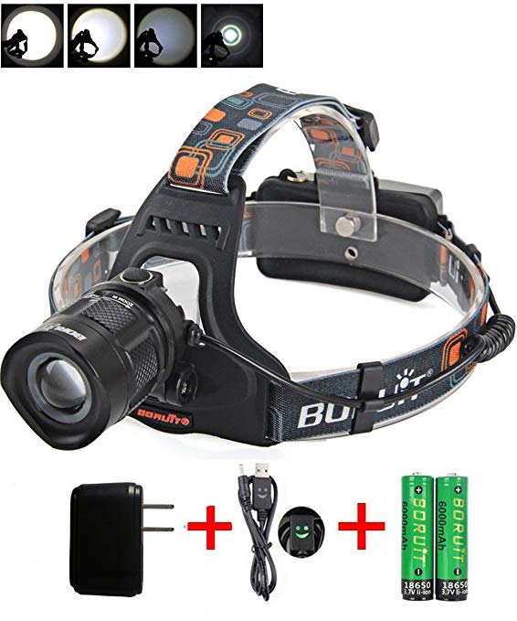 Zoomable XM-L2 LED Headlamp USB Adjustable Head Torch Lamp Light, 5 Modes flashlight for Camping Hiking Reading Cycling Hunting Running Irontria