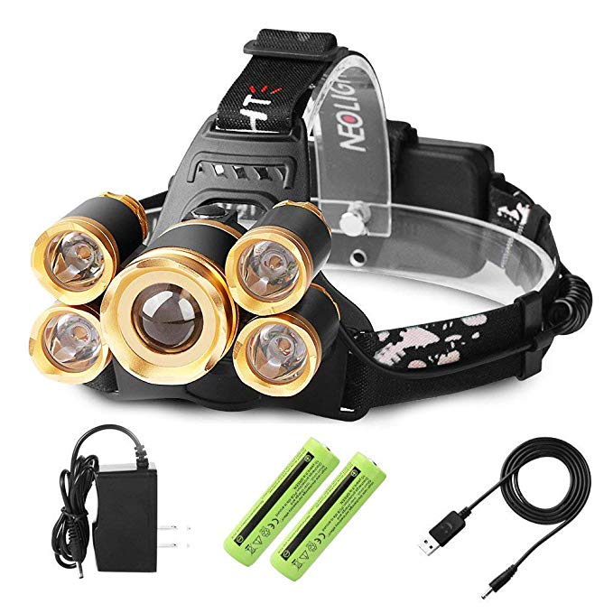 Laluztop USB Rechargeable LED Headlamp, Super Bright Waterproof Headlight, Zoomable 4 Modes Flashlight for Outdoor Camping Hiking Cycling Fishing Hunting Dog Walking Reading (White Light) (Gold)