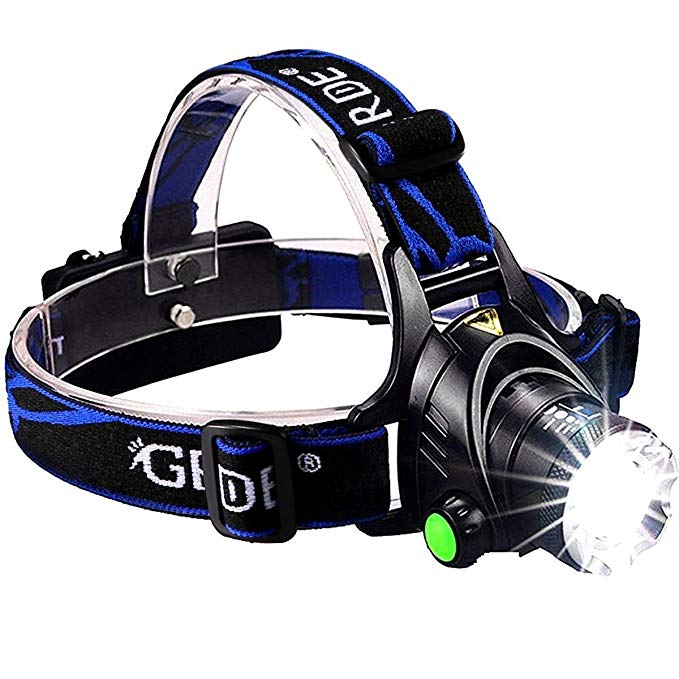 GRDE Zoomable 3 Modes Super Bright LED Headlamp with Rechargeable Batteries, Car Charger, Wall Charger and USB Cable