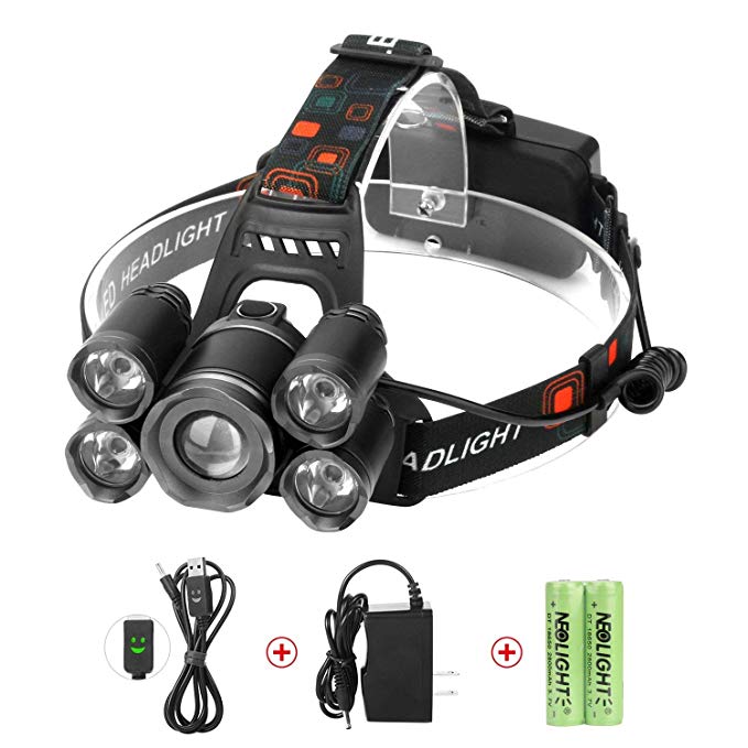 Neolight LED Headlamp, Super Bright 5 LED High Lumen Rechargeable Zoomable Waterproof Head Torch Headlight Flashlight for Outdoor Hiking Camping Hunting Fishing Cycling Running Walking