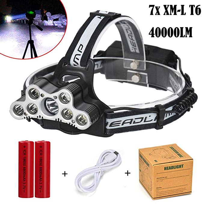 PENATE 6 Modes Waterproof Hard Light Headlamp 40000LM 7x XM-L T6 LED Rechargeable Zoomable Comfortable Headlamp Head Light Torch Flashlight + 2 x 18650 Battery + USB line