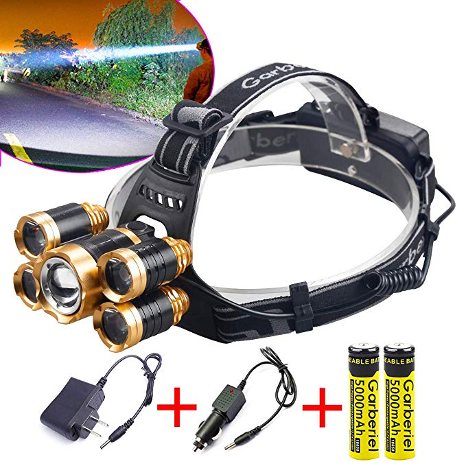 LED Headlamp, Garberiel 8000 Lumens 4 Modes 5-T6 Rechargeable Waterproof Head lamp Flashlight and Battery, Charger for Climbing, Camping, Walking, Caving, Fishing, Cycling