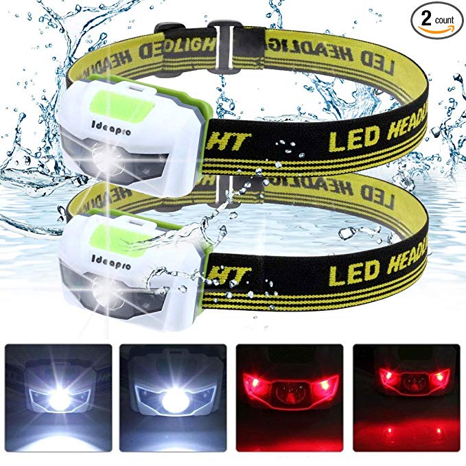 ideapro LED Headlamp, 4 Lighting Modes Headlamp, Battery Powered Headlamp Flashlight Brightest and Lightweight, Waterproof with Adjustable Headband and Flashing SOS Light for Camping Running 2 Pack