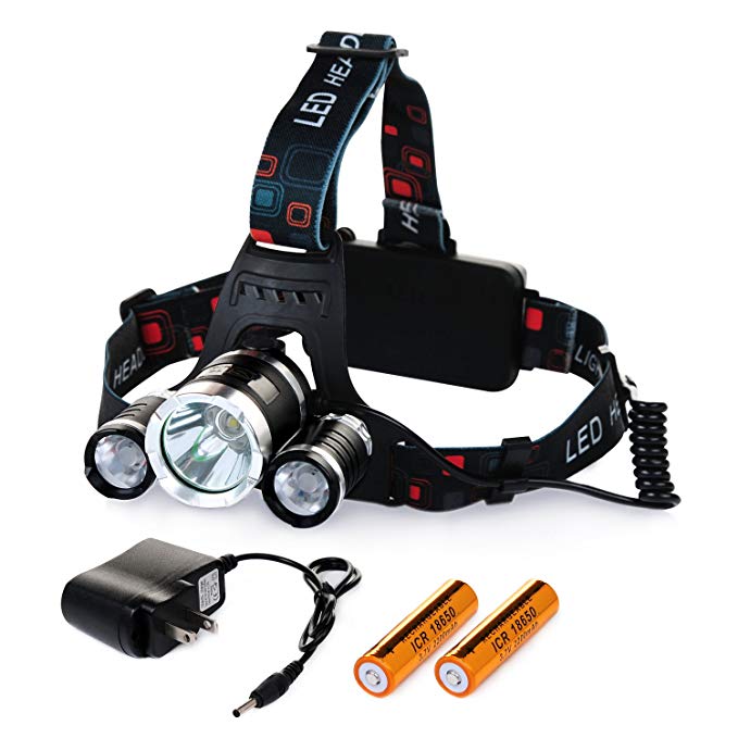 Chnano LED Headlamp Headlight Waterproof Flashlight Torch 3 CREE XM-L2 T6 LED 5000 Lumen Bright with Rechargeable Batteries and Wall Charger for Hiking Camping Riding Fishing Hunting Emergency Use