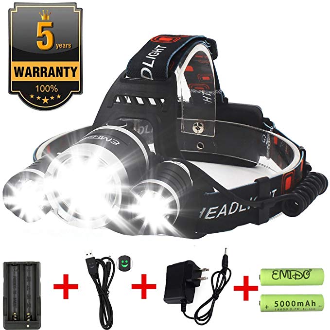 EMIDO LED Headlamp, 4 Modes LED Head Torch, 18650 Rechargeable Batteries Headlight Hard Hat Light Flashlight, for Reading Outdoor Running Camping Fishing Walking Hiking Riding