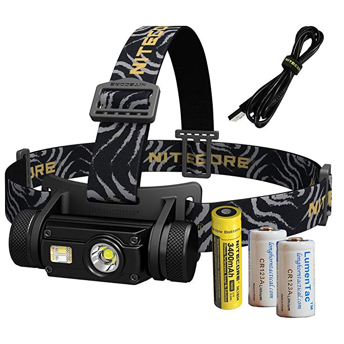 Nitecore HC65 1000 Lumen USB Rechargeable Headlamp with White/Red/High CRI Outputs and 2X CR123A Lumen Tactical Batteries