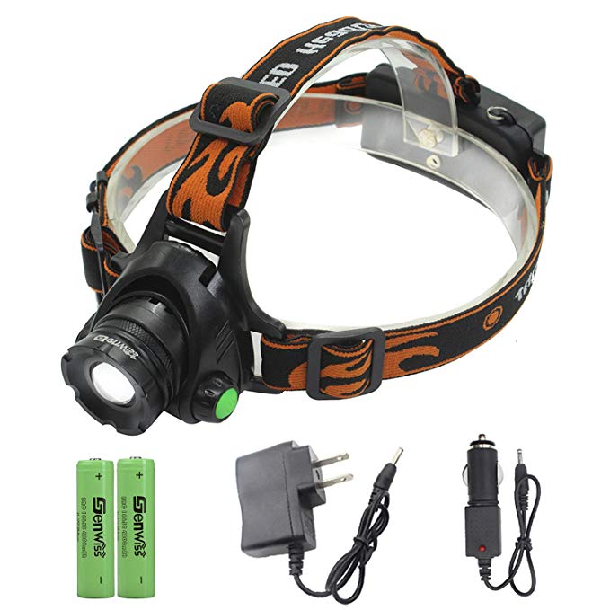 LED Headlamp Power Head Lamp - Genwiss 2000 Lumen XML T6 Headlight Waterproof Flashlight Zoomable Light Torch with 2 x 18650 Rechargeable Batteries, Car Charger, Wall Charger for Camping Biking