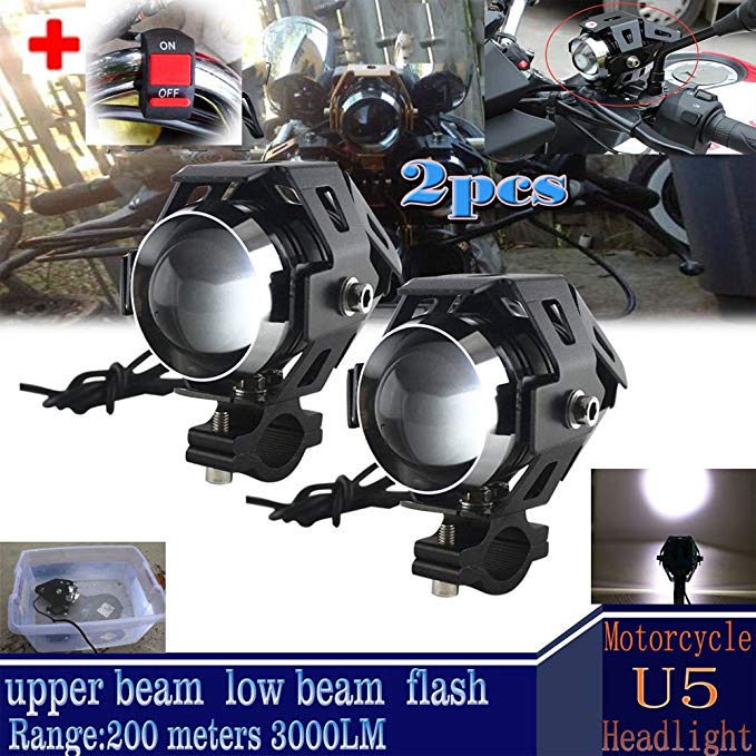 GOODKSSOP 2pcs Super Bright 3000LM CREE U5 125W LED Motorcycle Universal Headlight Work Light Driving Fog Spot Lamp Night Safety Headlamp + 1pcs Switch (Black)