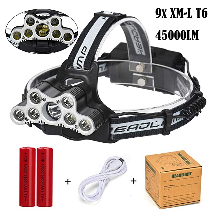 45000 LM 9X XM-L T6 LED Rechargeable Headlamp&1xUSB line&2x18650 Battery,ChainSee Adjustable Waterproof Headlight Travel Head Torch for Camping, Running, Hiking and Reading (Black)