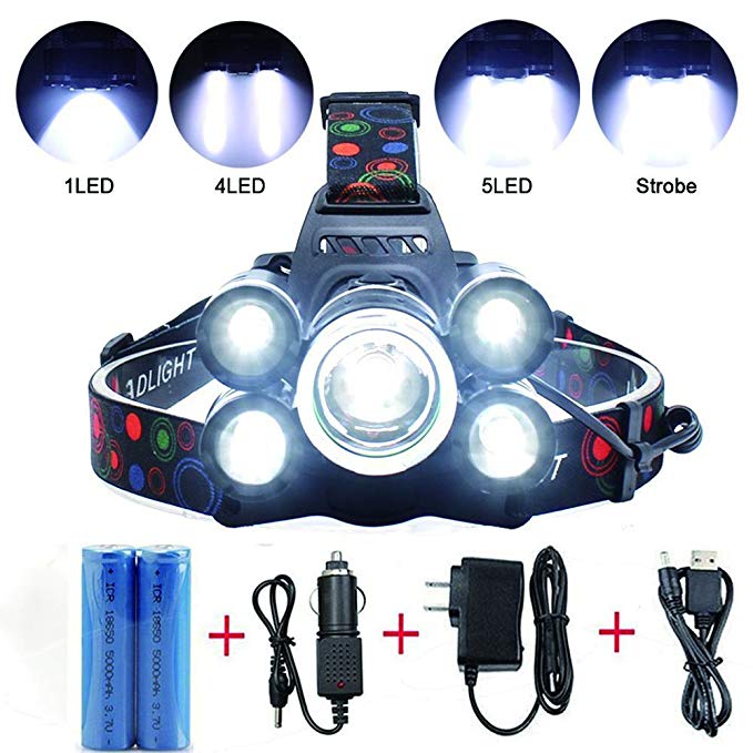 5 LED Headlamp 8000 Lumens 4 Modes Waterproof Flashlight Headlight Torch with 2 Rechargeable Batteries, USB Cable, Wall Charger and Car Charger for Hiking Camping Riding Fishing Hunting Outdoor Sports