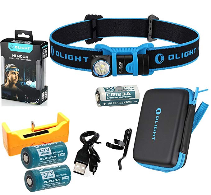 Rechargeable Kit: Olight H1 Nova 500 Lumen LED Headlamp Detachable Compact Flashlight with 2 pack 16340 RCR123A Rechargeable Batteries and LegionArms USB Charger (LED: Cool White)