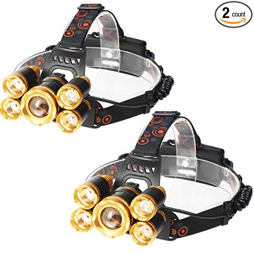 LED Headlamp, Super Bright 5 LED 8000 LM Headlight, Waterproof Hard Hat Light, Camping Headlamp,IMPROVED LED Waterproof Head torch With Hunting Headlamp Outdoor Hiking Fishing Headlight -2 Pack