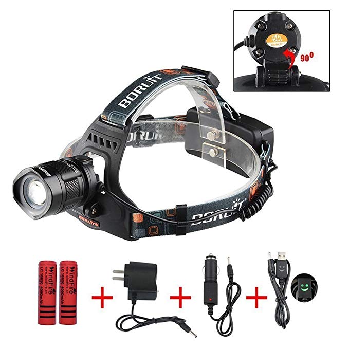 WindFire® USB Headlight 5 Modes Zoomable Headlamp, Cree XML L2 LED 2000lumens Head Flashlight for /Hunting Fishing Riding Camping Walking the Dog/ Powered By Rechargeable 18650 Battery (Included) with Free AC Charger Car Charger USB Cable Charger