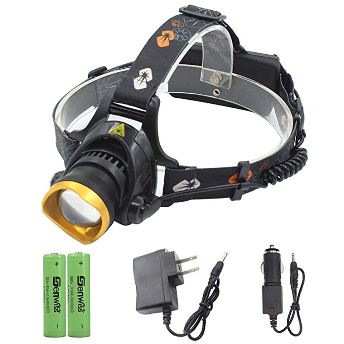 LED Headlamp Super Bright Headlight - Genwiss 3000 lumen T6 Waterproof Zoomable Headlamp with Rechargeable Batteries, Car Charger, Wall Charger for Camping Biking Hunting Fishing