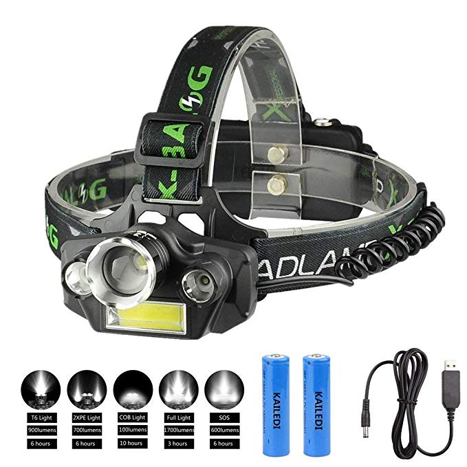 LED Headlamp Flashlight, USB Rechargeable LED Headlamp- Waterproof & Comfortable Headlight, Battery Powered Helmet Light, 8000 Lumen 4 Light 5 Modes Super Bright Outdoor Camping Biking (Black)