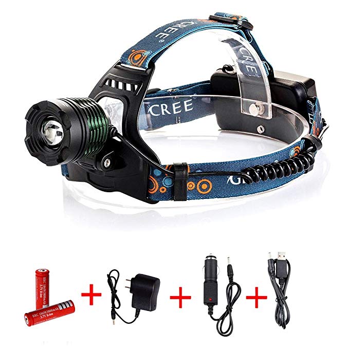 FirstRank 2100 Lumens Cree XM/L-T6 LED Rechargeable Waterproof Rotating Zoomable Headlamp Headlight (Black K12-B3,with 2x18650 Batteries and AC/Car/USB Charger)