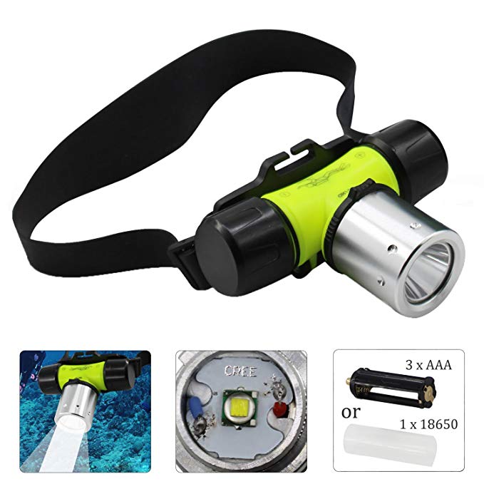 JSHANMEI Underwater Diving Headlamp, Waterproof LED Flashlight, Submarine Head Light CREE T6 AAA/18650 Headlight for Fishing Swimming Camping Hunting Hiking Cycling Outdoor Sports (NO BATTERIES)