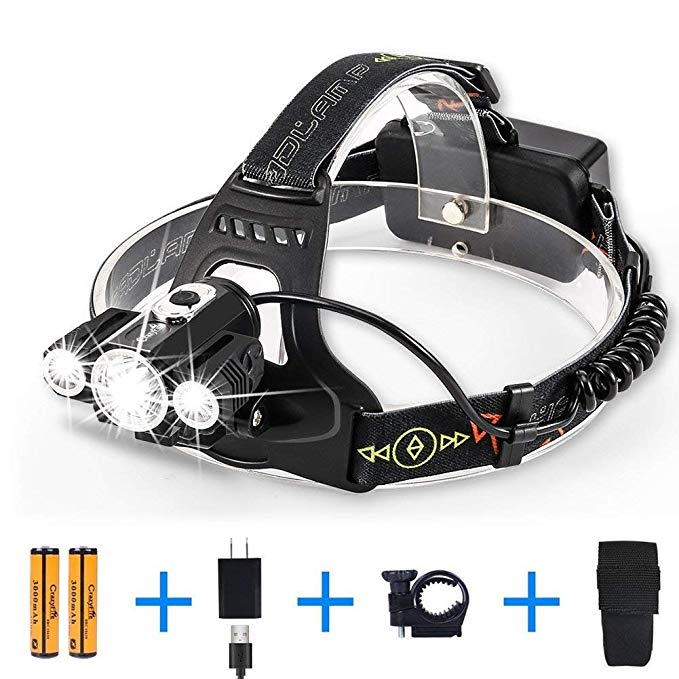 CrazyFire LED headlamp, 18650 Rechargeable Headlight Flashlight, Head Hat Light, 4 Modes Waterproof Headlamps for Camping, Running, Hiking, Hunting, Fishing, Batteries and Charger Included