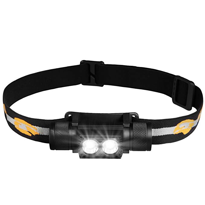 SLONIK 900 Lumen Rechargeable 2x CREE LED Headlamp w/ 2200 mAh Battery - Lightweight, Durable, Waterproof and Dustproof Headlight - Amazing 220-yards Beam - Great as Camping and Hiking Gear