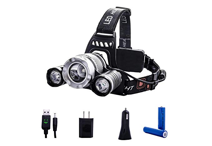 Super Sale - 3 LED Headlamp 6000 Lumen - Reliable LED Rechargeable Headlight Packed with X2 18650 Rechargeable Batteries, a USB Wall Charger, USB Car Charger and a USB Cable with Light Indicator