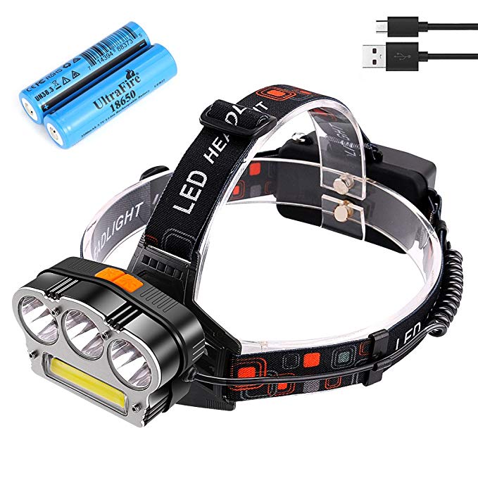 UltraFire Brightest 18650 Headlamp 1000 Lumen, USB Rechargeable, 7 Lighting Modes, White & Red Light LED Headlight Flashlight, IPX6 Water Resistant. Great For Hunting, Camping, Hiking & More