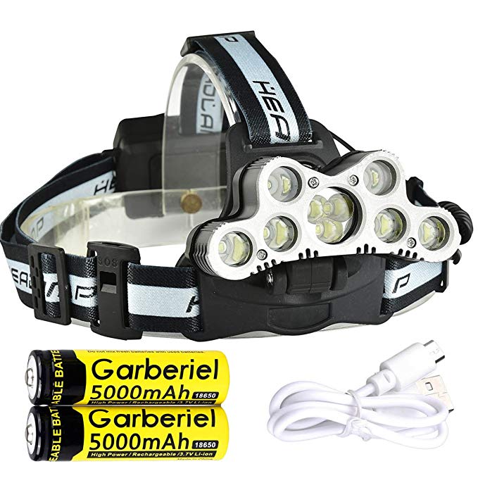 WishDeal 7X T6 and 2 x XPE LED Rechargeable Headlamp 9 LED Headlight Travel Head Torch with Batteries and USB Cable