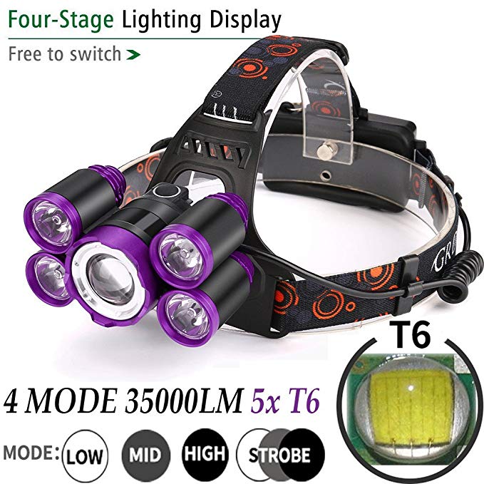 LED Headlamp Super Bright 35000LM 5X XM-L T6, 4 modes Rechargeable Head Torch Light, Great for Hiking, Camping and Daily Activities (Battery not Included)