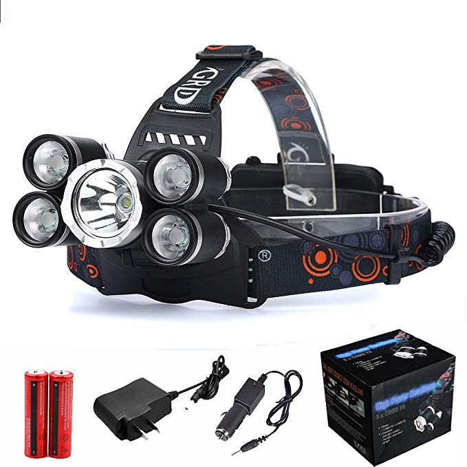 Headlamp LED Flashlight Sipring 35000LM 5x XM-L T6 LED Headlamp Headlight Flashlight Head Light Lamp 2x18650 Adjustable Headband Best for Camping Running Hiking (Black)