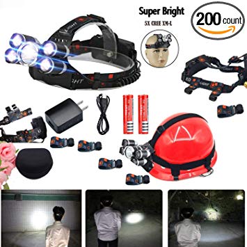 LED Cree Headlamp,hardhats 4 Modes 5T6 and Waterproof,Bright, Rechargeable Headlight Flashlight Torch,hat,Helmet Light,for Hiking,camping,running ,car light,Cycling,headlamps 18650 Batteries Include