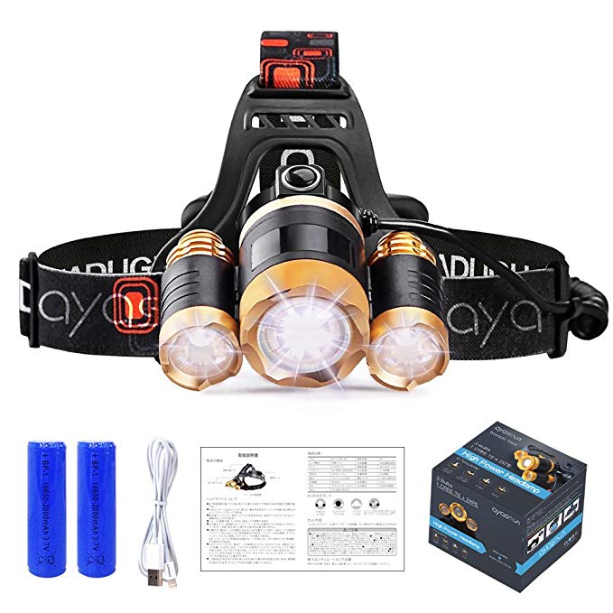 LED Headlamp, Ayasoon Brightest Headlamps Flashlight 18650 Rechargeable Headlight Battery Powered Waterproof 4 Modes Head Lights for Camping Hiking Running, Adjustable Strap, Batteries Included