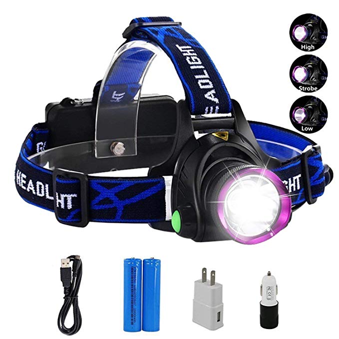 Lightess Head Lamps Rechargeable Headlamp Flashlight Super-bright 2200 Lumens Waterproof Head Torch With 3 Modes, XM-L T6 LED Powerful Headlight For Camping Fishing Cycling Running Hiking Hunting