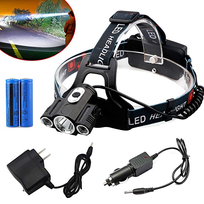 3 LED Head Lamp T6 3000 Lumens LED Headlamp 4 Modes Headlight Light Lamp with 18650 Battery and DC Charger and Car Charger