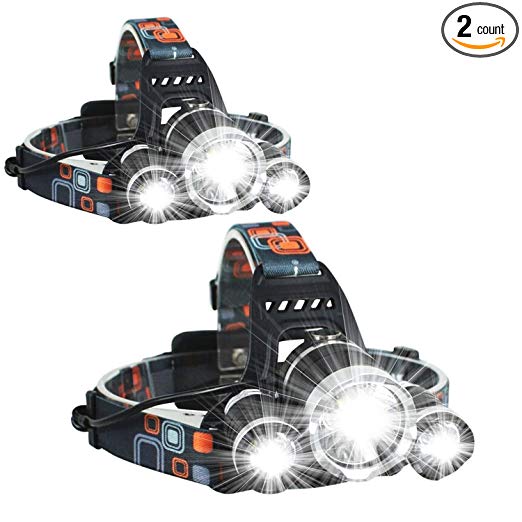 2 Pack Brightest and Best High Powered Lumen Bright Headlight Headlamp Flashlight Torch 3 XM-L2 T6 LED with Rechargeable Batteries and Wall Charger for Hiking Camping Riding Fishing Hunting