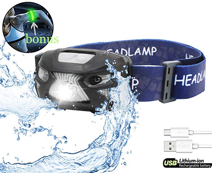 LED Headlamp USB Rechargeable Headlights Flashing Running Light - Hand Wave Sensor Functionality + Super Bright LED Light + SOS Red Lights - 6 Modes