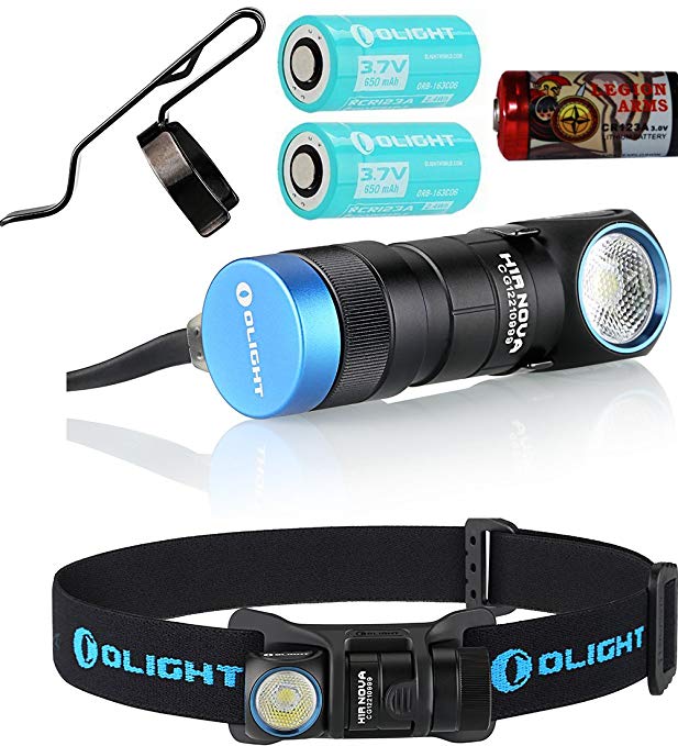 2 Batteries Kit: Olight H1R Nova 600 Lumen LED Rechargeable Flashlight Headlamp w/ headband, Clip, two Customized RCR123A Rechargeable Batteries, magnetic USB charging cable (LED: Neutral White)