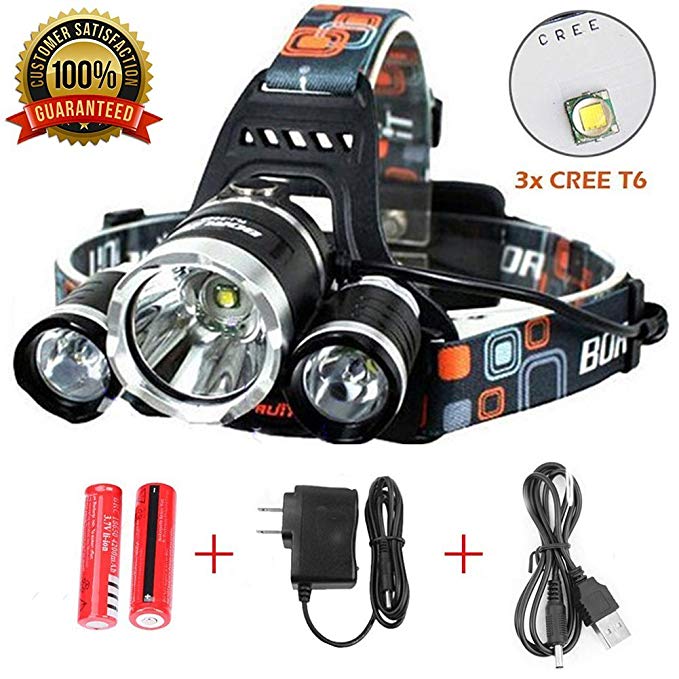 Headlamp, Brightest Head Lamp Provide 10000 Lumens with 3 Original Cree Led, SONY Original 18650 Batteries, Maximum Comfort Headlamps For Outdoor & Indoor,Wall Charger and USB Cable