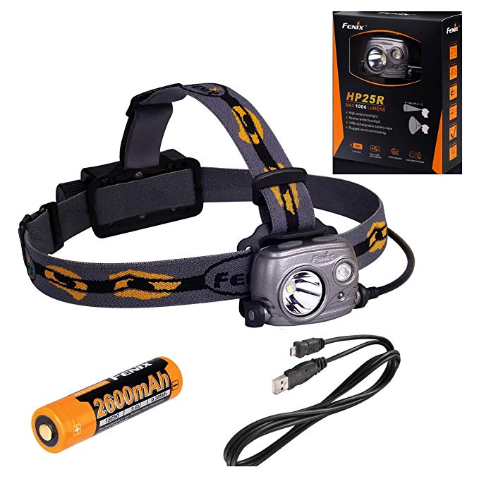 Fenix HP25R Rechargeable LED Flashlight 1000 Lumen Headlamp, Spotlight Flood-Beam Red-Light with 18650 Rechargeable Battery and LegionArms USB charging cord