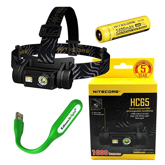 Nitecore HC65 1000 Lumens CREE LED headlamp and rechargeable 3400mAh Li-ion battery with EdisonBright USB powered reading lamp