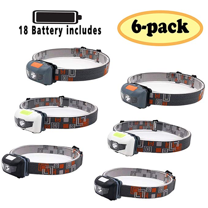 Pack 6,SUNYANG Waterproof White+Red Light Headlamp,4 Brightness Level Choice,160 Lumens,50g Weight,Comfortable Head Headlamp