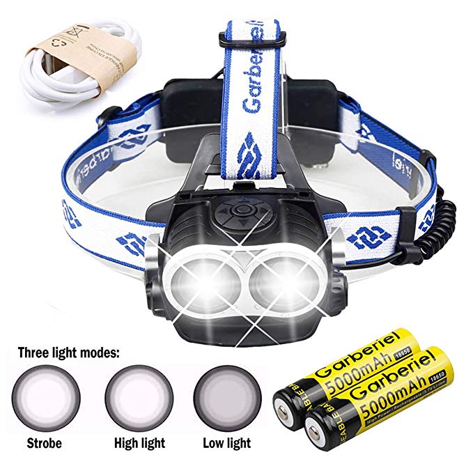 WishDeal 2xT6 LED Headlamp 3000 Lumens Double LED Headlight 3 Modes, 18650 Batteries Included